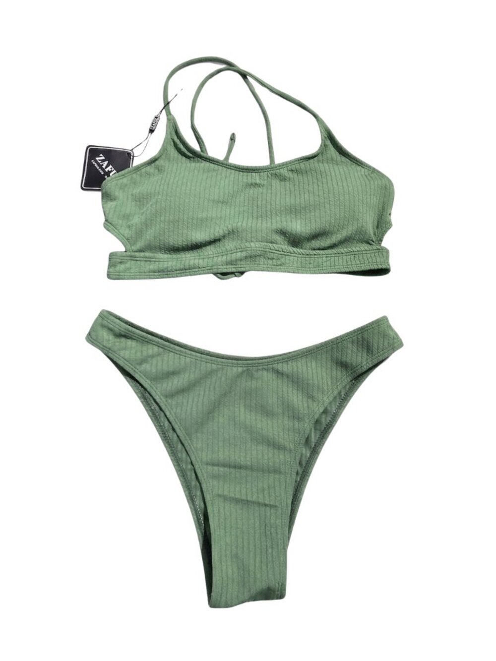 NWT | ZAFUL Sage Green Ribbed Lace-Up Scoop Neck High Leg Bikini Set | Medium